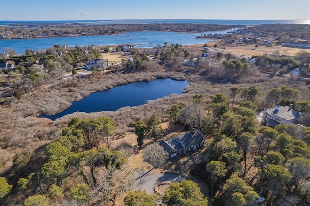 birds eye view of property with a water view and a view of trees