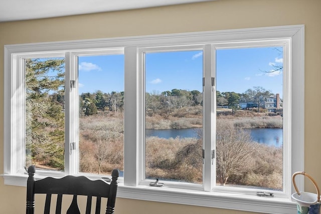 interior space featuring a water view