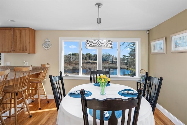 dining space with a healthy amount of sunlight, light wood-type flooring, and baseboards