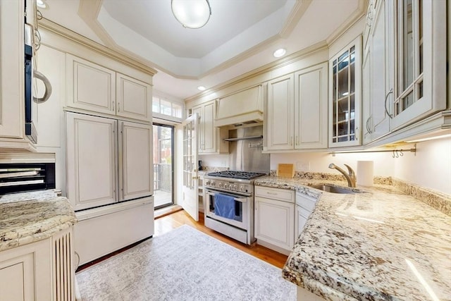 15 Garrison Rd, Brookline, MA 02445 - kitchen featuring high quality appliances, a sink, light stone counters, glass insert cabinets, and ornamental molding