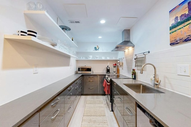 15 Garrison Rd, Brookline, MA 02445 - kitchen with open shelves, a sink, appliances with stainless steel finishes, wall chimney range hood, and tasteful backsplash