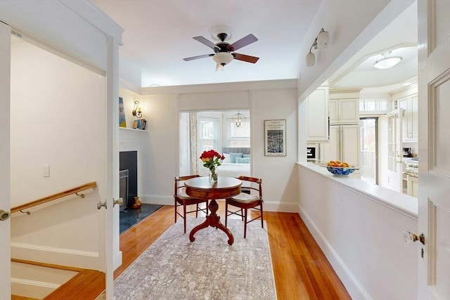 15 Garrison Rd, Brookline, MA 02445 - dining area with a fireplace, a ceiling fan, light wood-type flooring, and baseboards