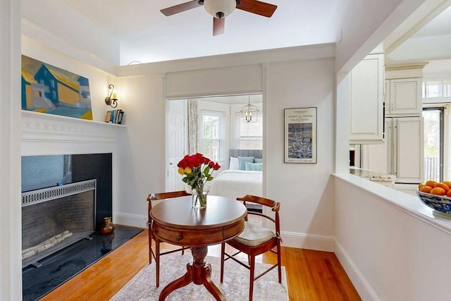 15 Garrison Rd, Brookline, MA 02445 - dining room with a fireplace, baseboards, wood finished floors, a ceiling fan, and healthy amount of natural light