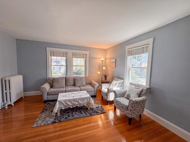living room with wood finished floors, a healthy amount of sunlight, and radiator