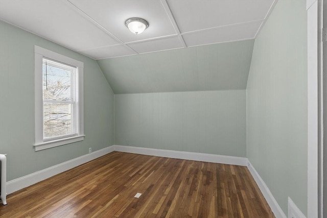 additional living space with dark hardwood / wood-style flooring, lofted ceiling, and radiator heating unit