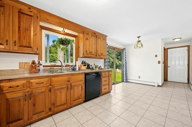 3 Bellingham Rd, Blackstone, MA 01504 - kitchen with dishwasher, a baseboard radiator, brown cabinets, light tile patterned floors, and pendant lighting