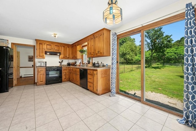 3 Bellingham Rd, Blackstone, MA 01504 - kitchen featuring black appliances, under cabinet range hood, baseboard heating, brown cabinets, and light countertops