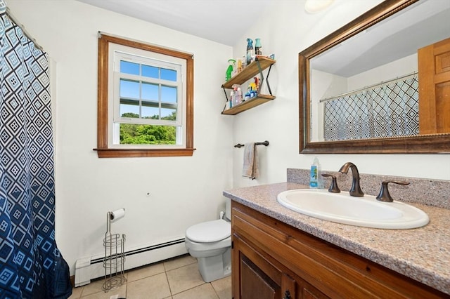3 Bellingham Rd, Blackstone, MA 01504 - bathroom with a baseboard heating unit, vanity, tile patterned flooring, and a shower with curtain