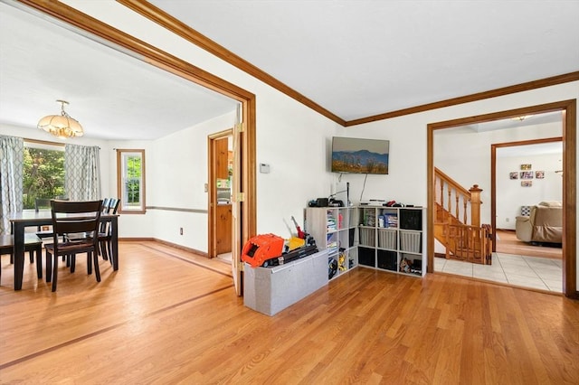 3 Bellingham Rd, Blackstone, MA 01504 - living room featuring light wood finished floors, stairway, ornamental molding, and a chandelier