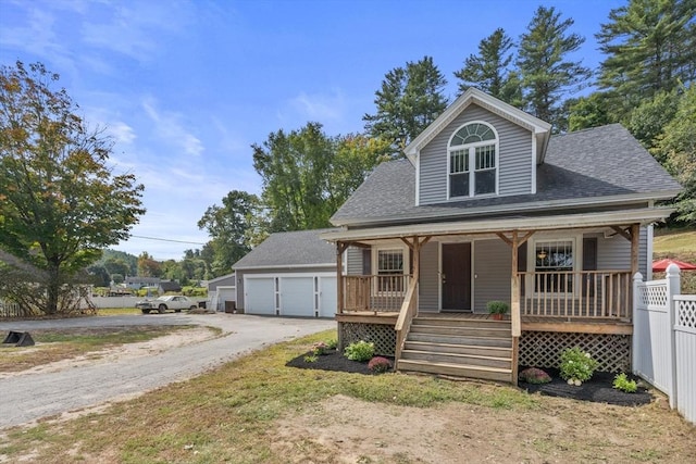 view of front of home with covered porch, an outdoor structure, and a garage