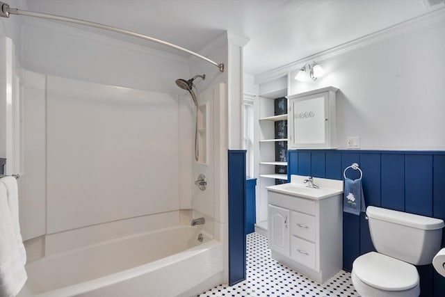 full bathroom featuring vanity, toilet, shower / washtub combination, and ornamental molding