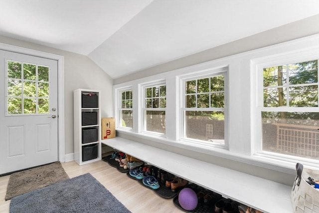 mudroom with light wood finished floors, vaulted ceiling, and a healthy amount of sunlight