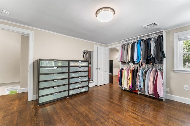 walk in closet with visible vents and wood finished floors