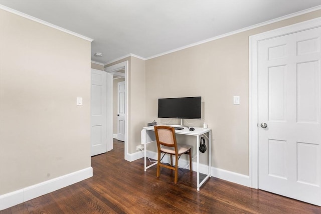 office featuring wood finished floors, baseboards, and ornamental molding