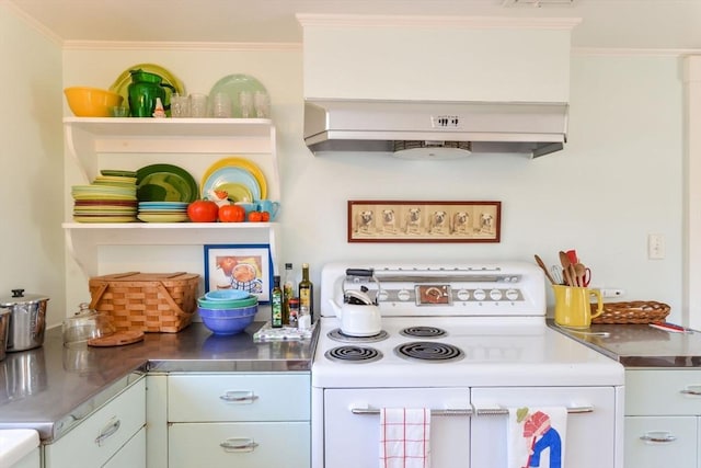 kitchen featuring crown molding, white electric stove, custom exhaust hood, stainless steel countertops, and white cabinetry