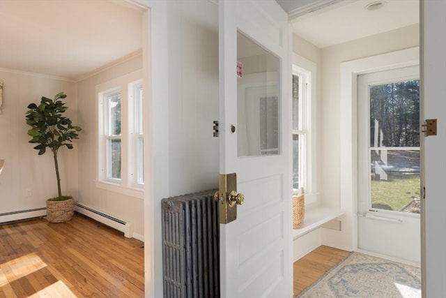 entryway with radiator, light wood-type flooring, crown molding, and a baseboard radiator