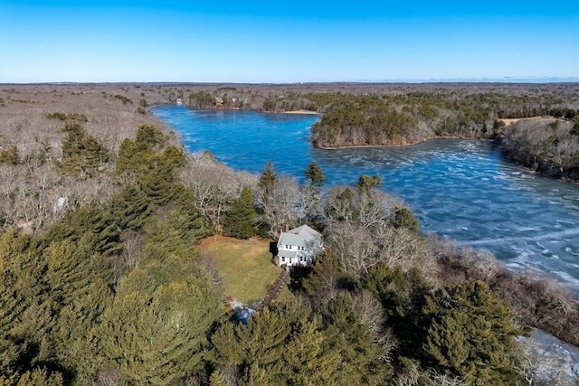 birds eye view of property with a water view and a wooded view