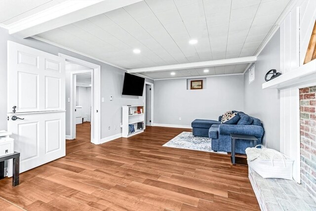 40 Chase Rd, Marlborough, MA 01752 - sitting room with light wood-style flooring, recessed lighting, ornamental molding, and wood ceiling