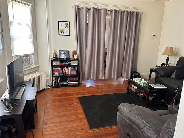 living room featuring radiator and wood-type flooring