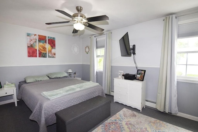9 Lydon Ln Unit D2, Halifax, MA 02338 - bedroom featuring dark carpet, a ceiling fan, a baseboard radiator, and baseboards
