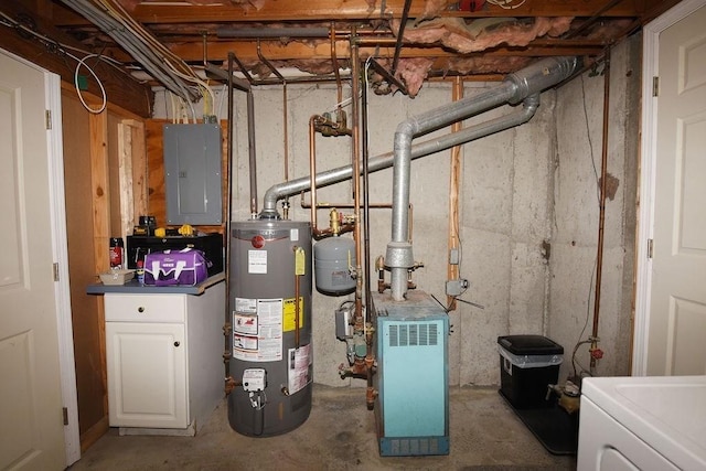 9 Lydon Ln Unit D2, Halifax, MA 02338 - utility room with electric panel, gas water heater, washer / dryer, and a heating unit