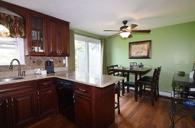 9 Lydon Ln Unit D2, Halifax, MA 02338 - kitchen with dishwasher, a sink, dark wood finished floors, and a ceiling fan