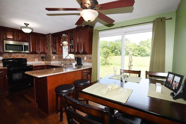 9 Lydon Ln Unit D2, Halifax, MA 02338 - kitchen featuring stainless steel microwave, black electric range oven, a sink, backsplash, and dark wood finished floors