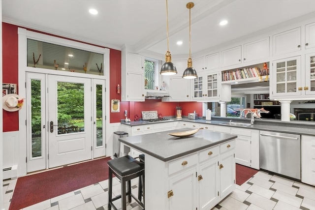104 Main St, Topsfield, MA 01983 - kitchen with appliances with stainless steel finishes, a sink, dark countertops, white cabinets, and recessed lighting