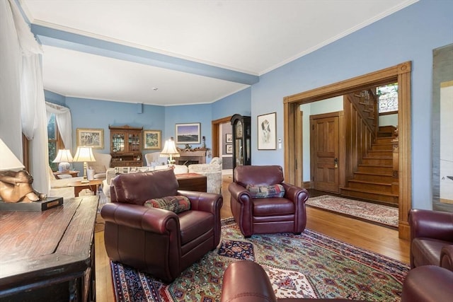 104 Main St, Topsfield, MA 01983 - living area featuring wood finished floors, stairs, and crown molding