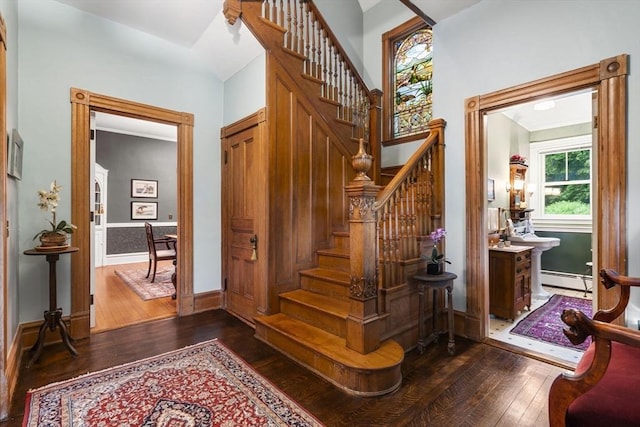104 Main St, Topsfield, MA 01983 - stairway with wood-type flooring, baseboard heating, and baseboards