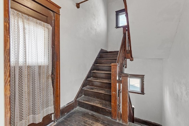 stairs with hardwood / wood-style flooring