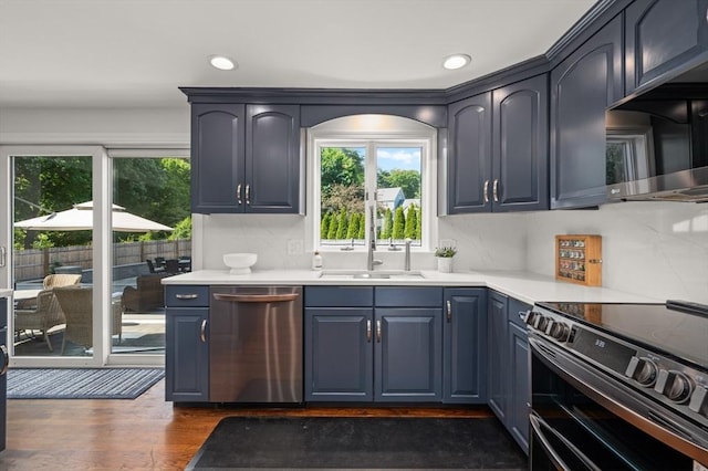 32 Iverson Rd, Beverly, MA 01915 - kitchen featuring stainless steel dishwasher, electric stove, recessed lighting, light countertops, and dark wood-style floors