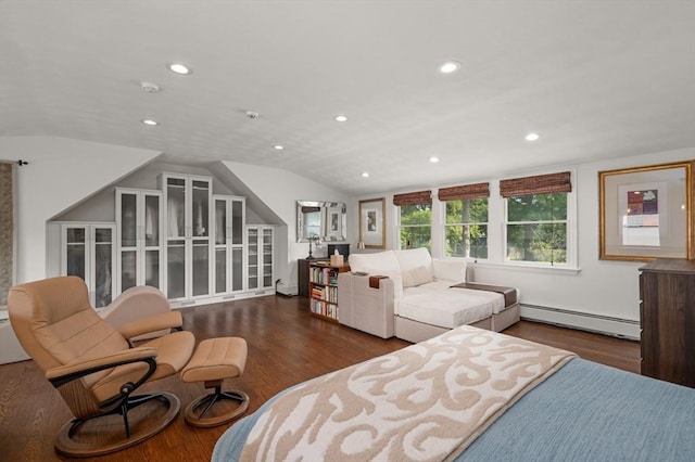 32 Iverson Rd, Beverly, MA 01915 - bedroom featuring baseboard heating, vaulted ceiling, wood finished floors, and recessed lighting
