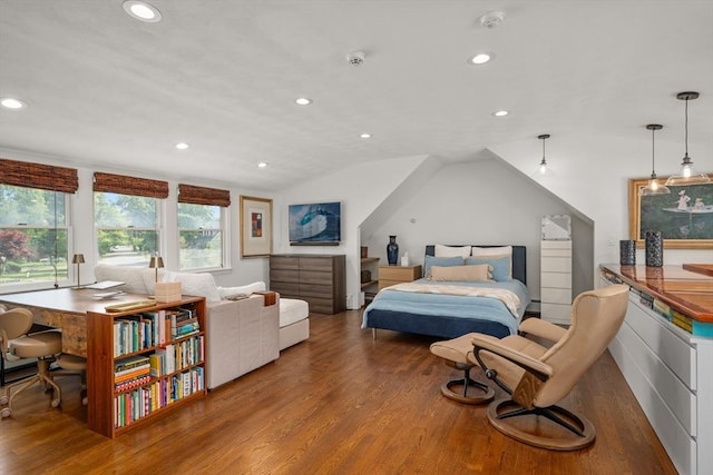 32 Iverson Rd, Beverly, MA 01915 - bedroom featuring wood finished floors, recessed lighting, vaulted ceiling, and an office area