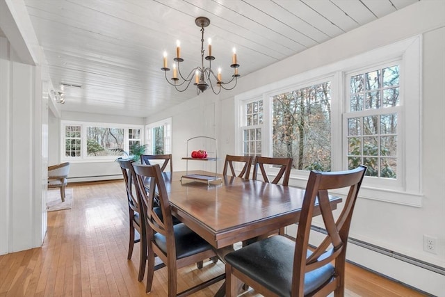 dining area featuring a baseboard heating unit, wooden ceiling, light wood-type flooring, and a chandelier