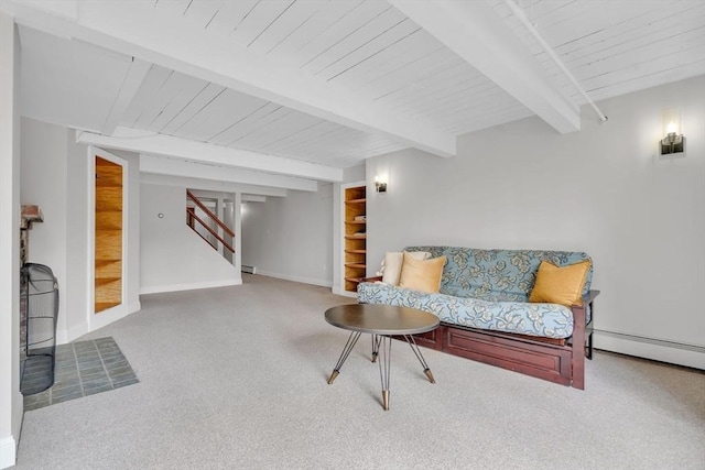 carpeted living room with baseboards, a baseboard radiator, beam ceiling, stairs, and a baseboard heating unit