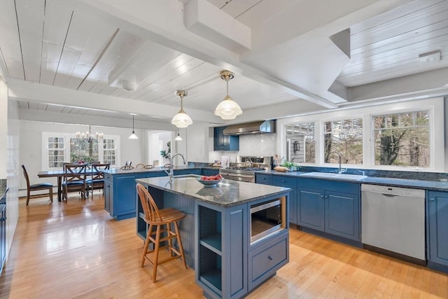 kitchen with blue cabinetry, stainless steel appliances, and a sink