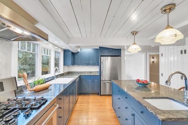 kitchen with blue cabinets, extractor fan, appliances with stainless steel finishes, and a sink