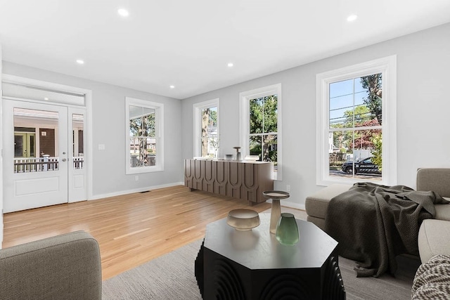 living room with a wealth of natural light and light hardwood / wood-style floors