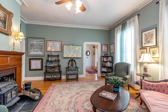 52 Central, Gardner, MA 01440 - living area featuring ceiling fan, ornamental molding, wood finished floors, and baseboards