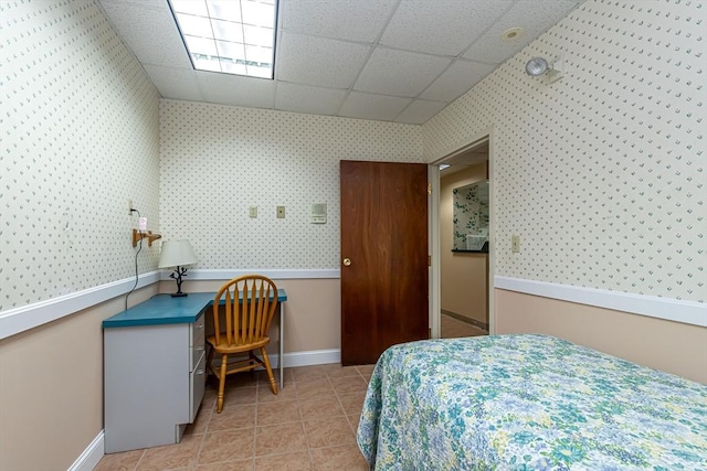 52 Central, Gardner, MA 01440 - bedroom with tile patterned flooring, baseboards, wallpapered walls, and a paneled ceiling