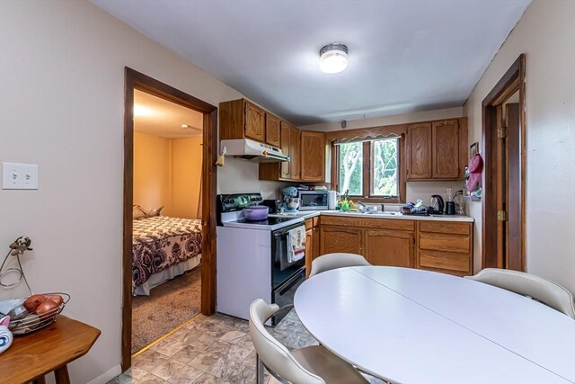 52 Central, Gardner, MA 01440 - kitchen with electric range, under cabinet range hood, stainless steel microwave, light countertops, and a sink
