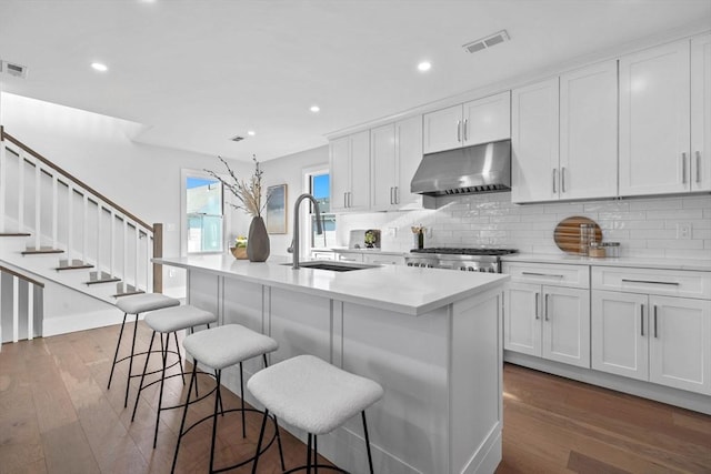 kitchen with sink, white cabinetry, hardwood / wood-style flooring, range, and a kitchen island with sink