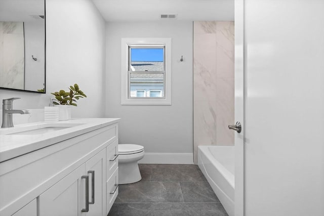 full bathroom featuring toilet, tub / shower combination, and vanity