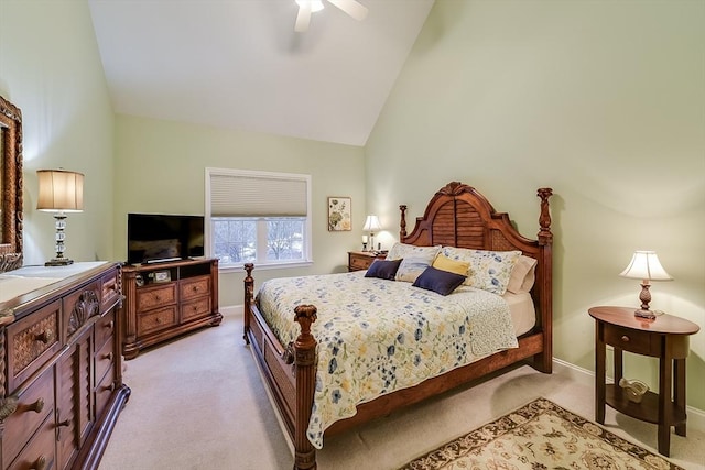 bedroom featuring high vaulted ceiling, light colored carpet, baseboards, and a ceiling fan