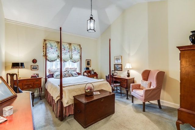 bedroom with high vaulted ceiling, light colored carpet, crown molding, and baseboards