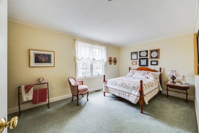 bedroom featuring baseboards, dark colored carpet, visible vents, and crown molding