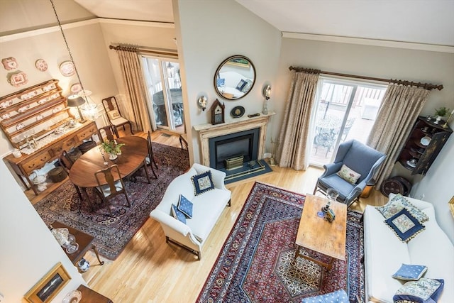 living room featuring ornamental molding, wood finished floors, and a glass covered fireplace