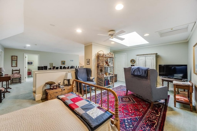 interior space with light carpet, a skylight, ornamental molding, and recessed lighting