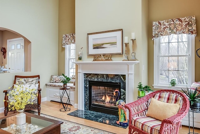 sitting room featuring a premium fireplace, wood finished floors, a towering ceiling, and baseboards